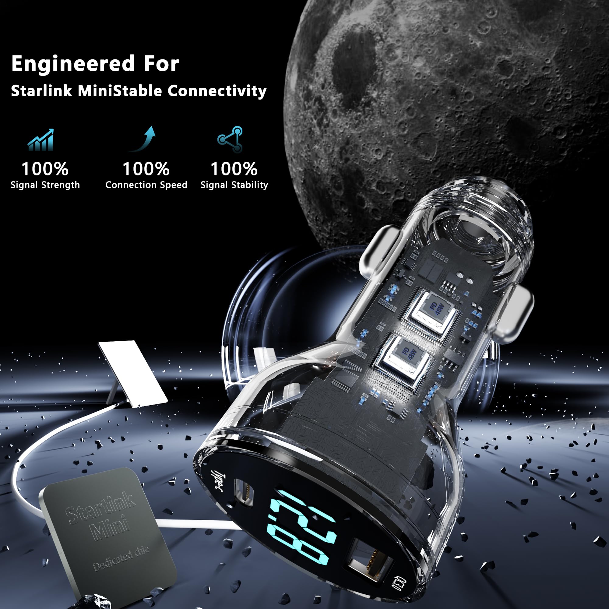 THALASSOTECH adapter plugged into car lighter with Starlink Mini, powers on the road
