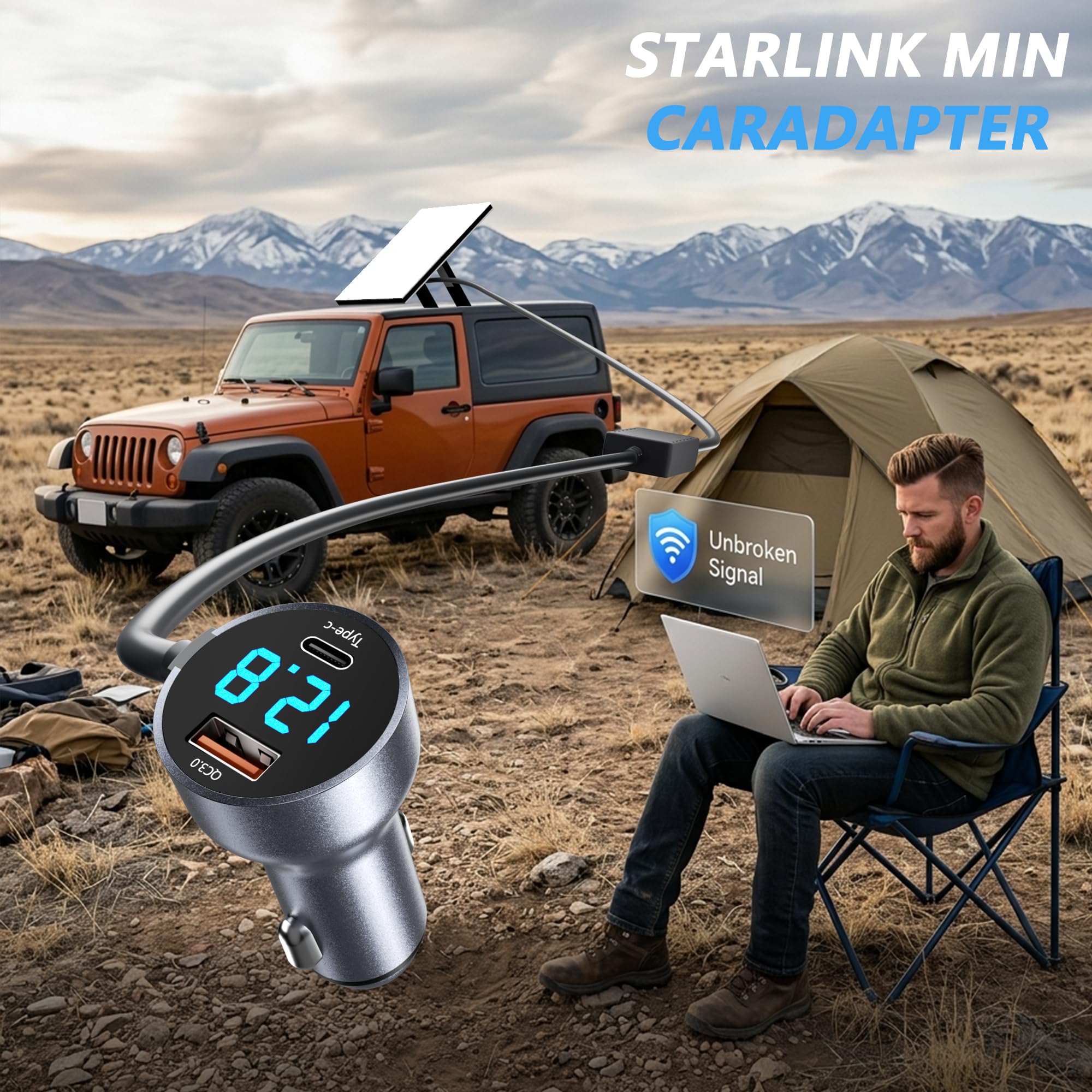 THALASSOTECH adapter powering Starlink Mini on RV rooftop setup, supports travel connectivity