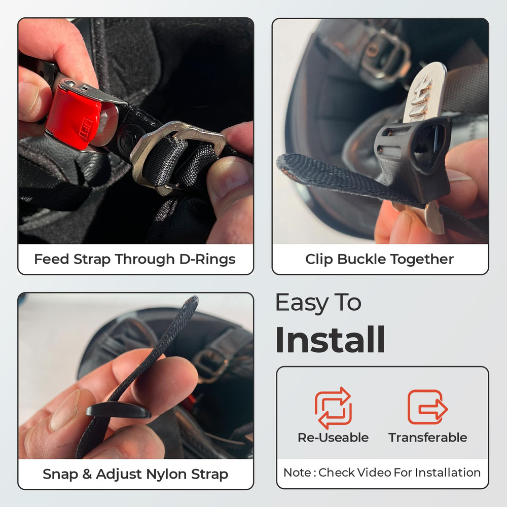 The Helmet Shop buckle installed on helmet chin strap showing tool-free fit and reversible installation benefit