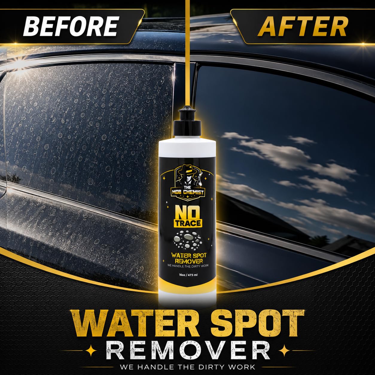 Applying The Mob Chemist No Trace to glass with applicator, removes mineral marks