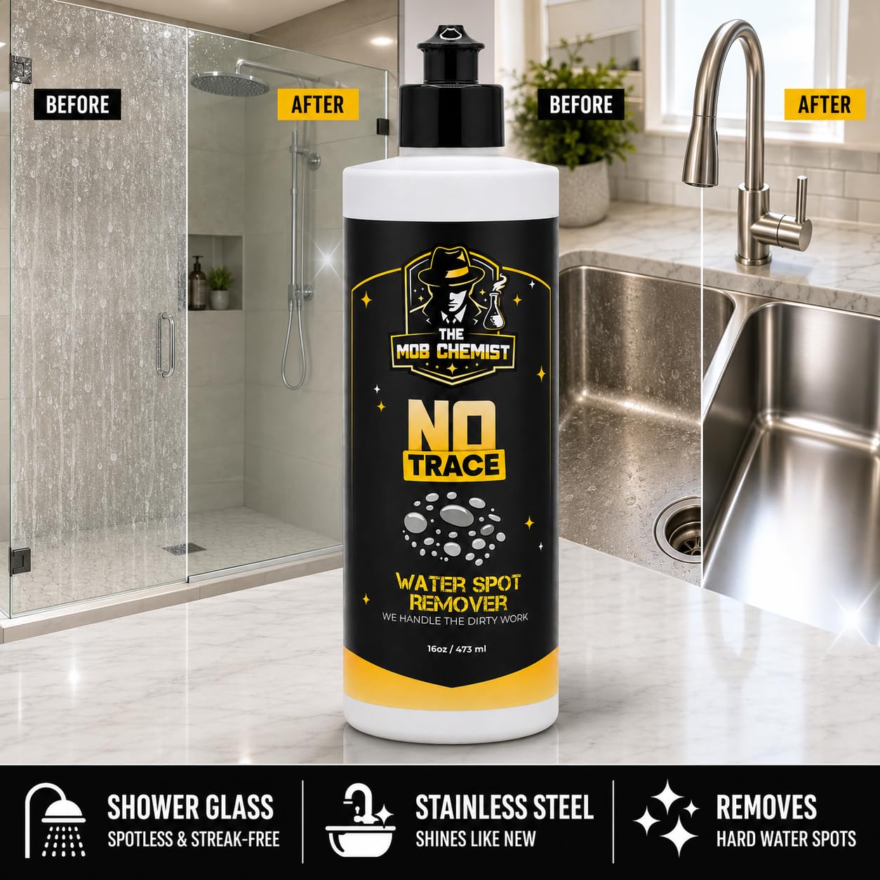Detailer using The Mob Chemist No Trace in garage setting, professional prep workflow
