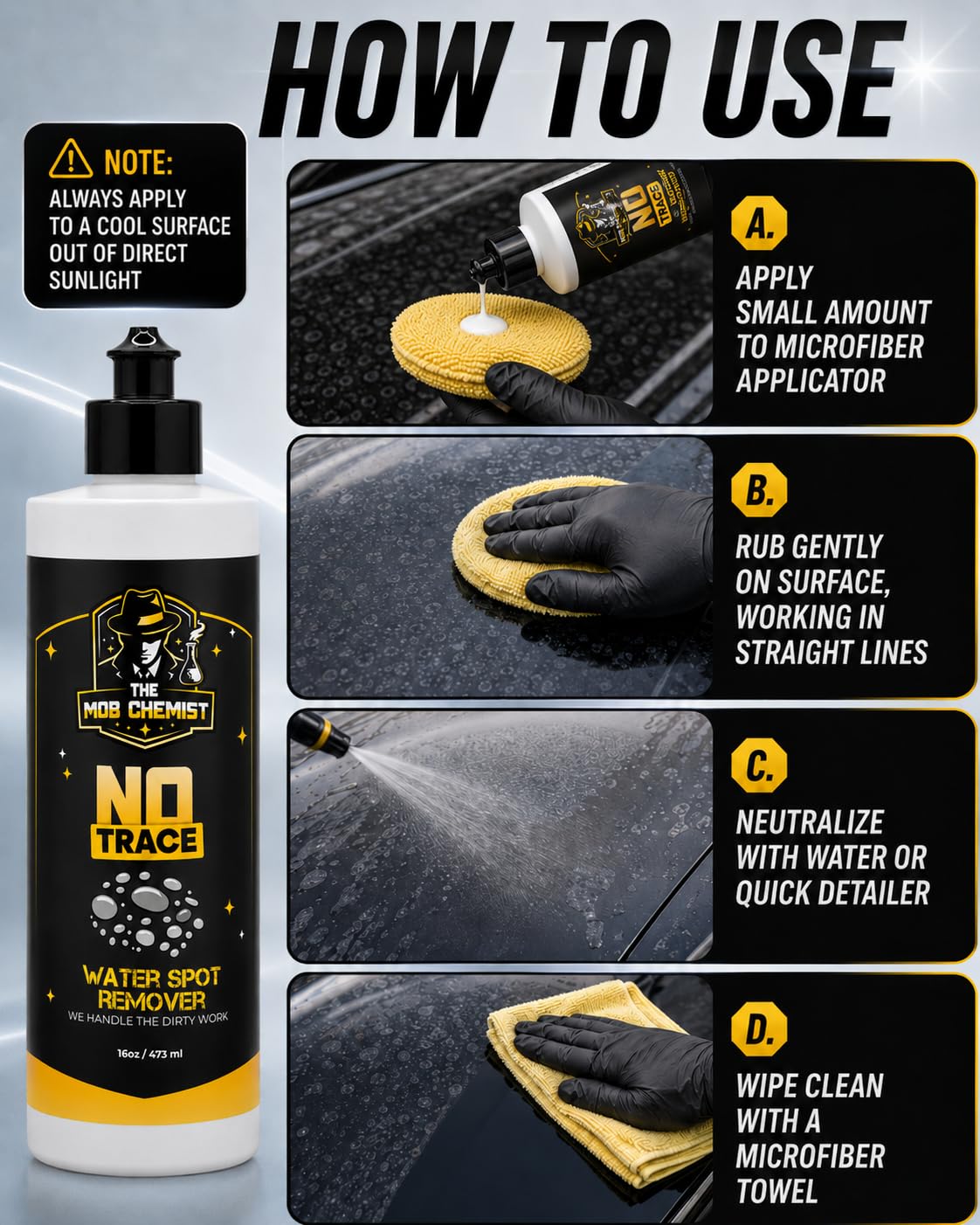 Rinsing and wiping treated area with microfiber, The Mob Chemist leaves no residue