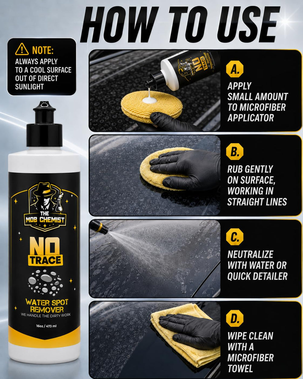 Rinsing and wiping treated area with microfiber, The Mob Chemist leaves no residue