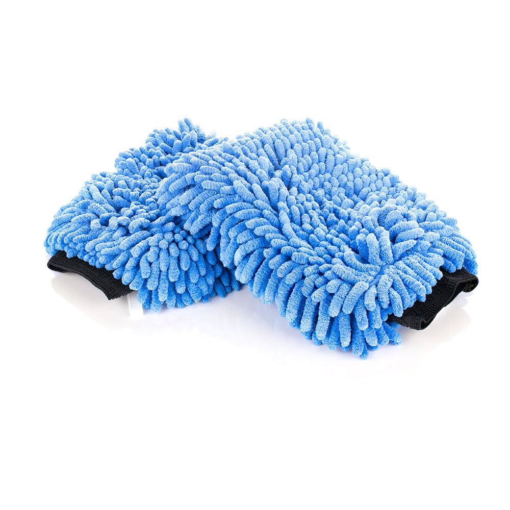 The Rag Company wash mitt front packaging showing two blue mitts and benefits