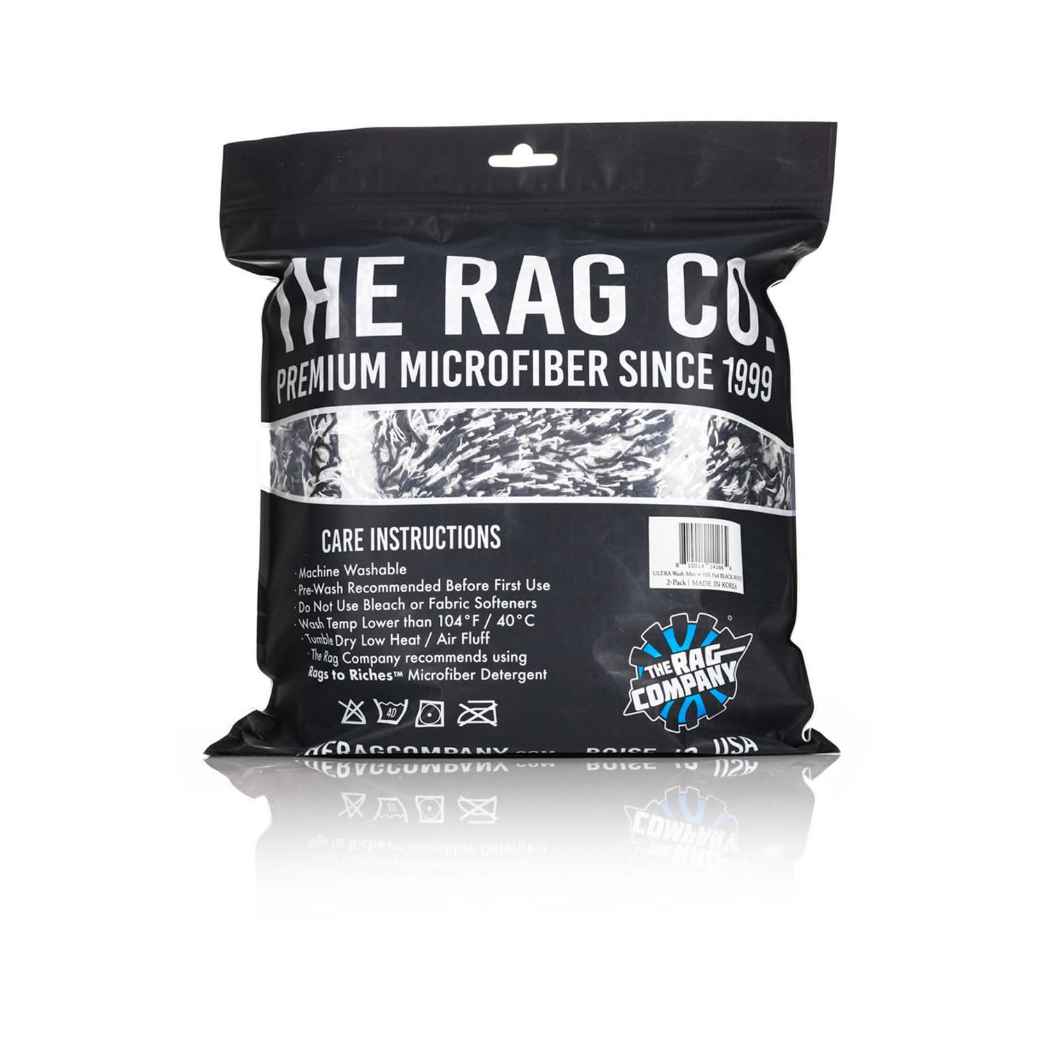 The Rag Company product label and tags highlighting material and care instructions benefit