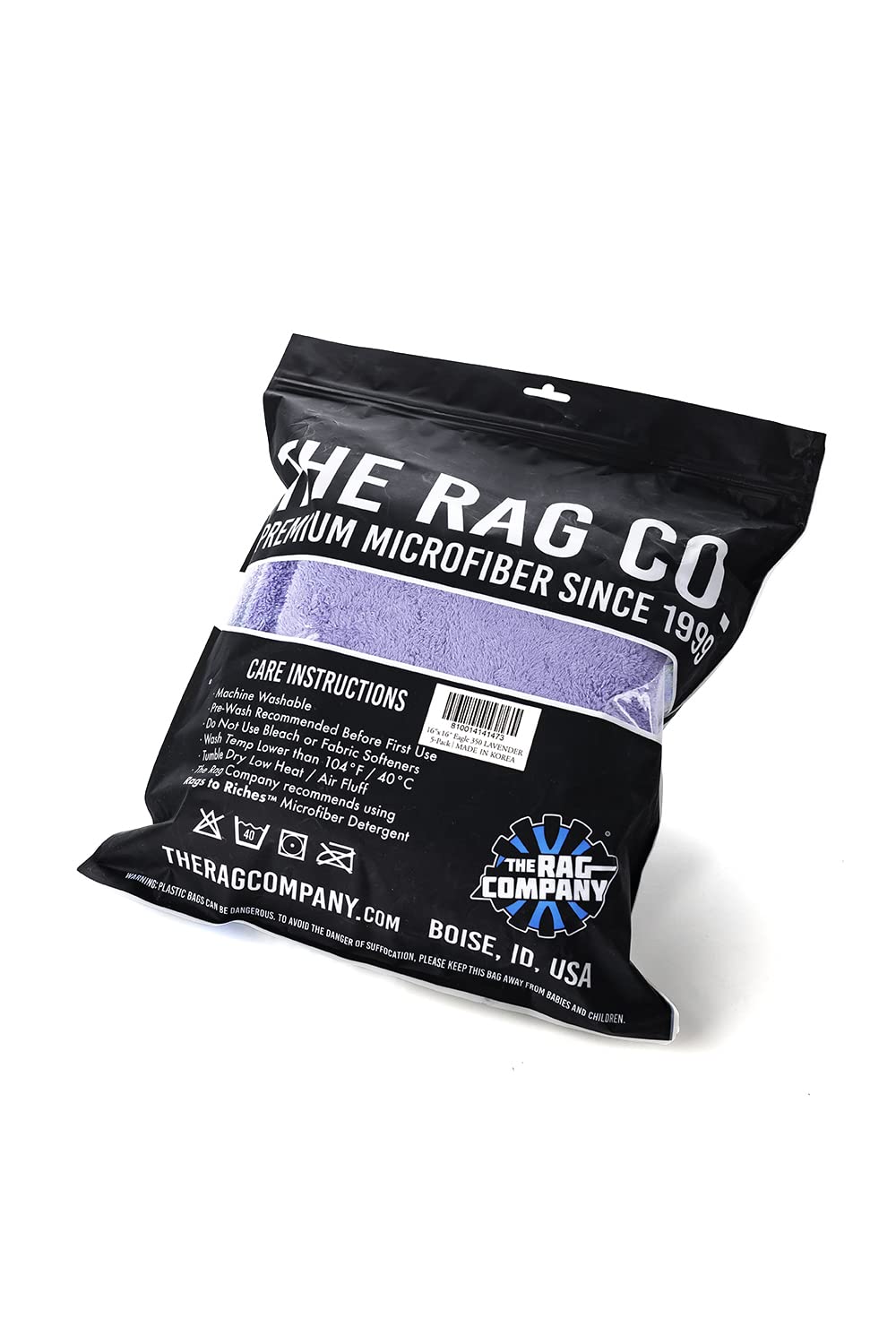 Size and scale comparison of The Rag Company 16x16 towel beside a hand for accurate dimensions