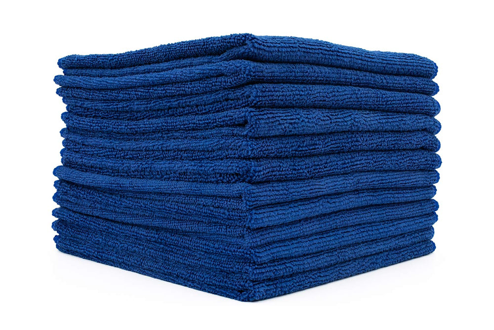 The Rag Company front packaging 12-pack royal blue towels showing size and color benefits