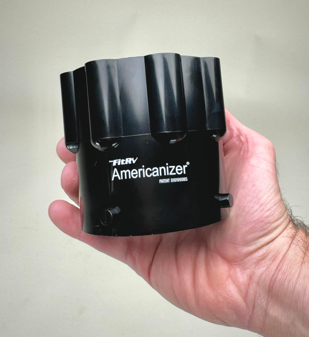 THE FITRV.COM Americanizer attached to RV lug-style hose demonstrating leak-free hookup