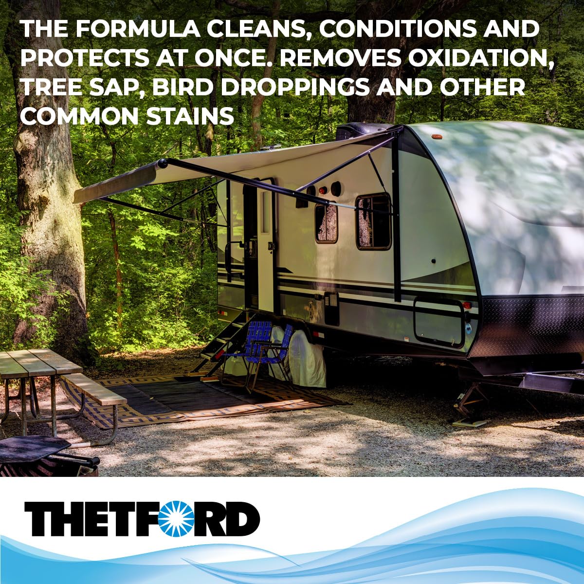 Clean RV roof after using Thetford cleaner in lifestyle setting, restores roof appearance benefit