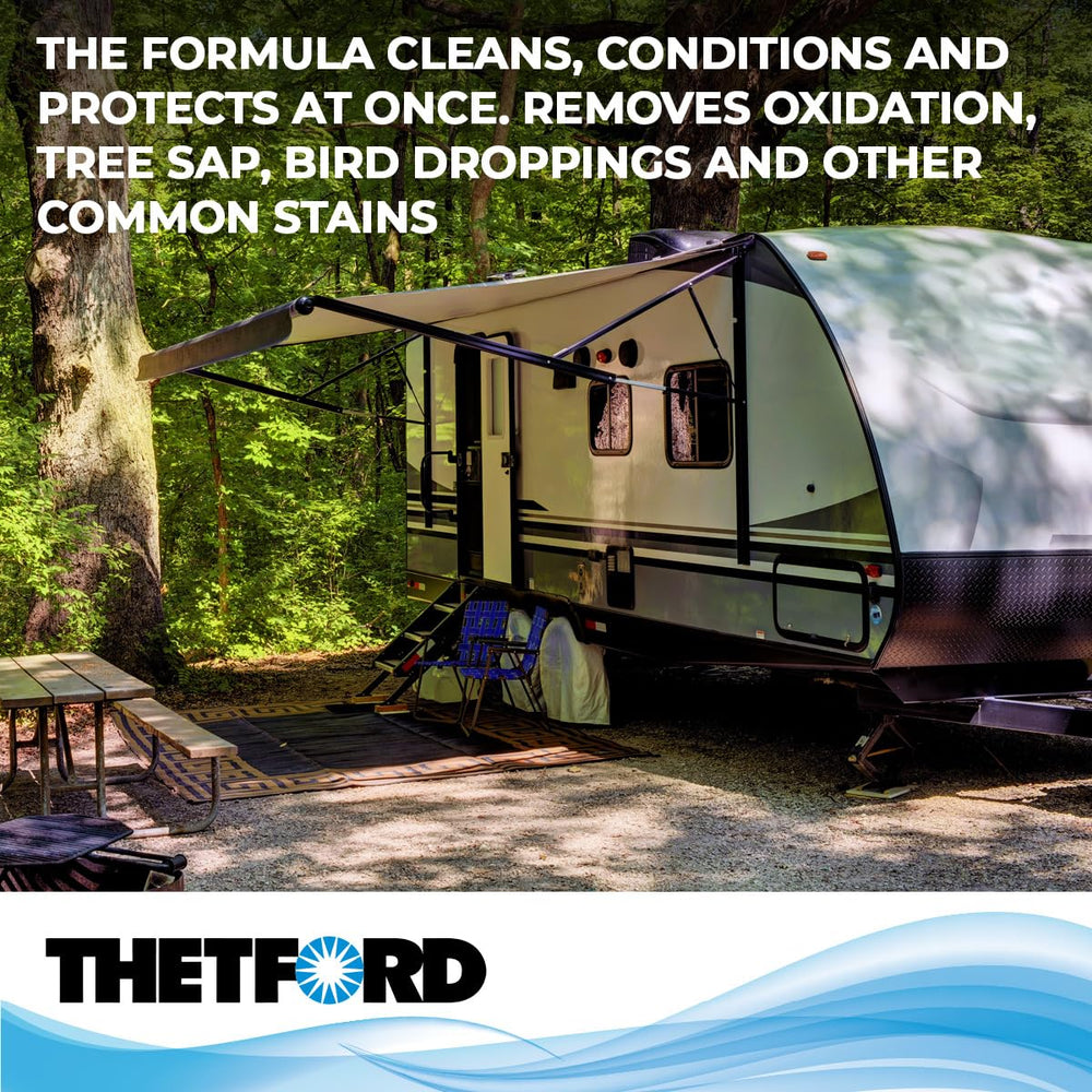 Clean RV roof after using Thetford cleaner in lifestyle setting, restores roof appearance benefit