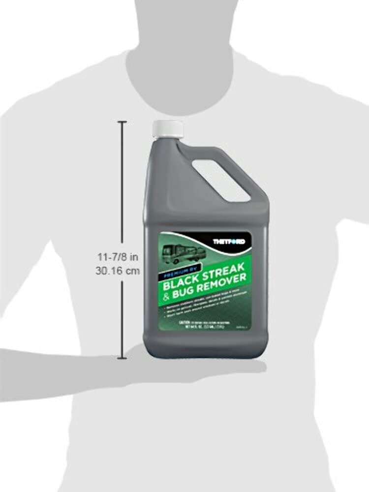 Thetford 64 oz bottle in hand showing scale and convenient capacity