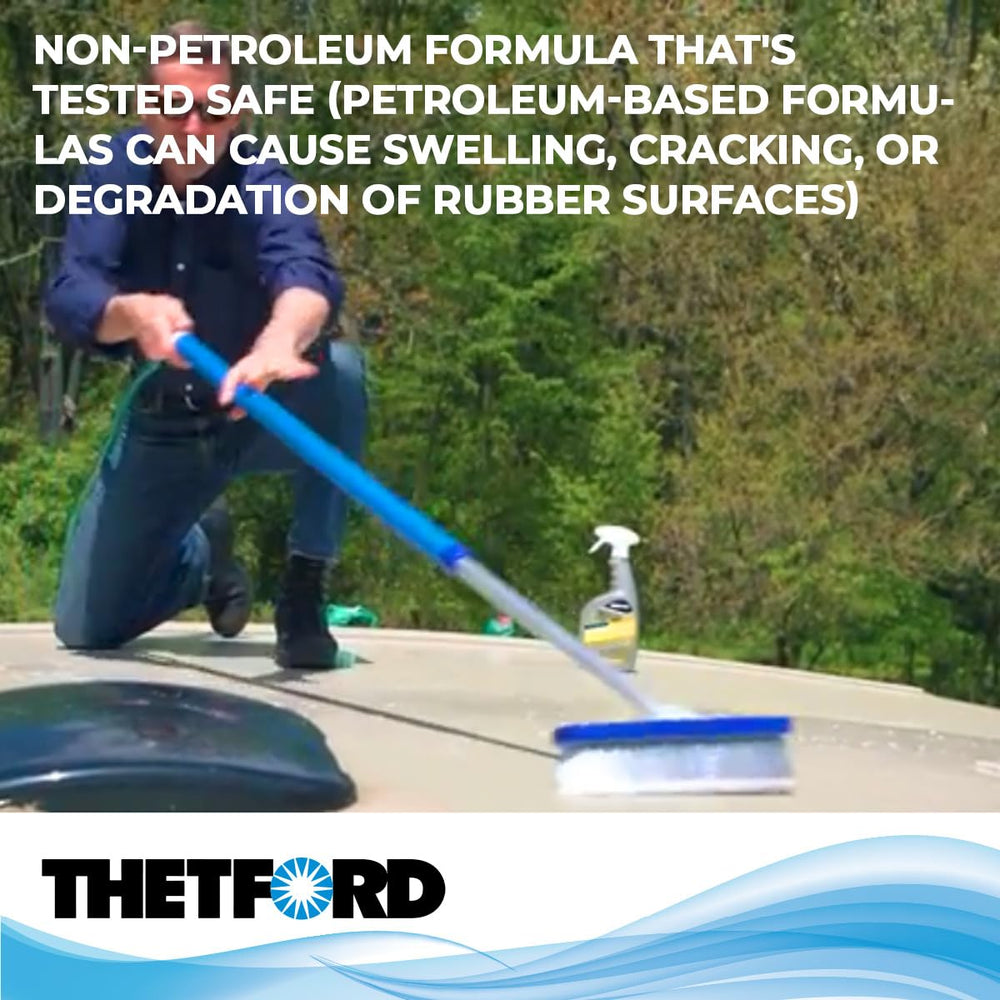 Spraying Thetford cleaner onto EPDM roof in use, helps dissolve grime and chalk benefit