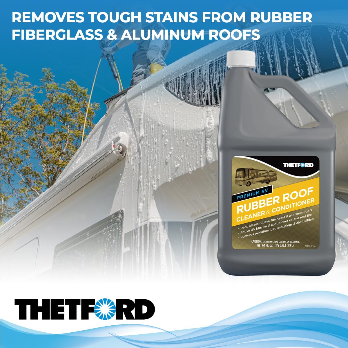Foamy lather on rubber roof after applying Thetford, demonstrates cleaning action benefit