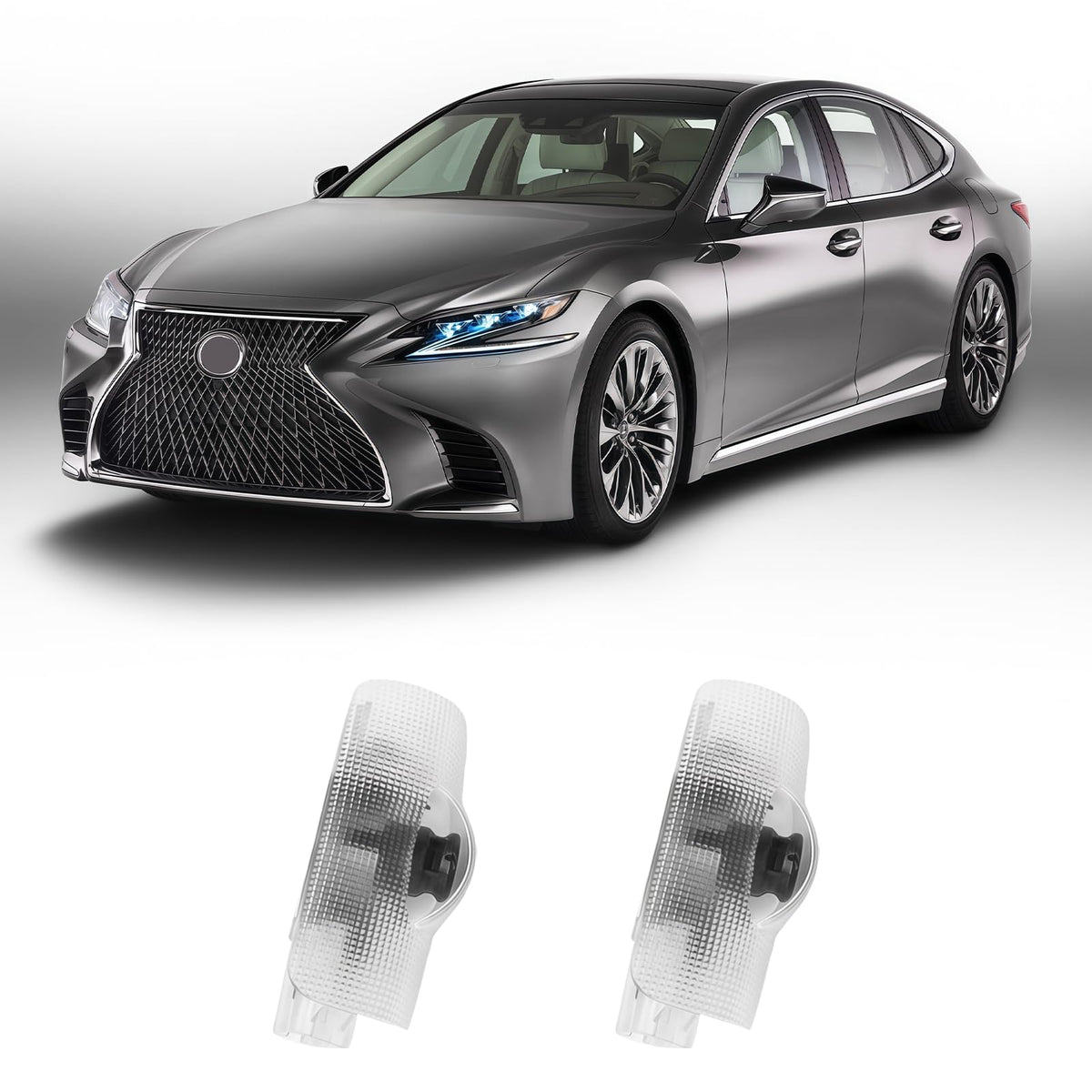 Thingrific front installed on Lexus door showing clean branded welcome light