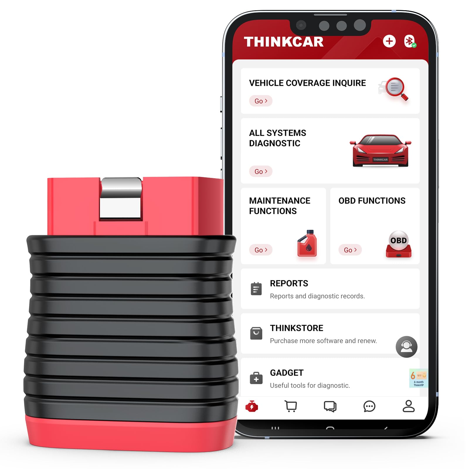 thinkcar BD6 front view showing compact Bluetooth dongle and branding for easy storage