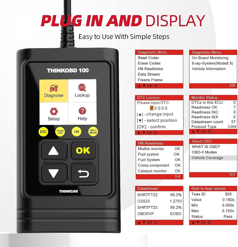 thinkcar THINKOBD100 plugged into car OBD port demonstrating in-vehicle use