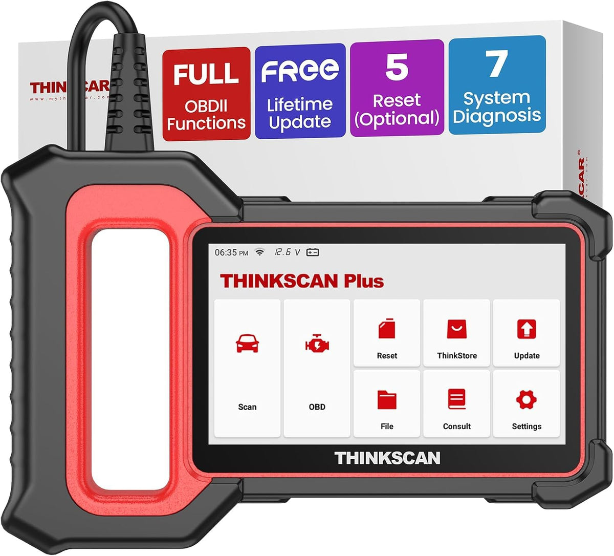 thinkcar ThinkScan Plus S7 front view showing rugged tablet design and quick diagnostics