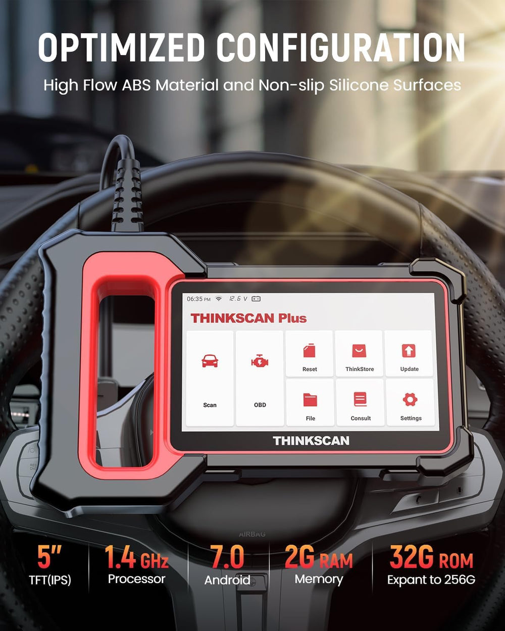 thinkcar ThinkScan Plus S7 side profile showing ports and expandable storage for more brands