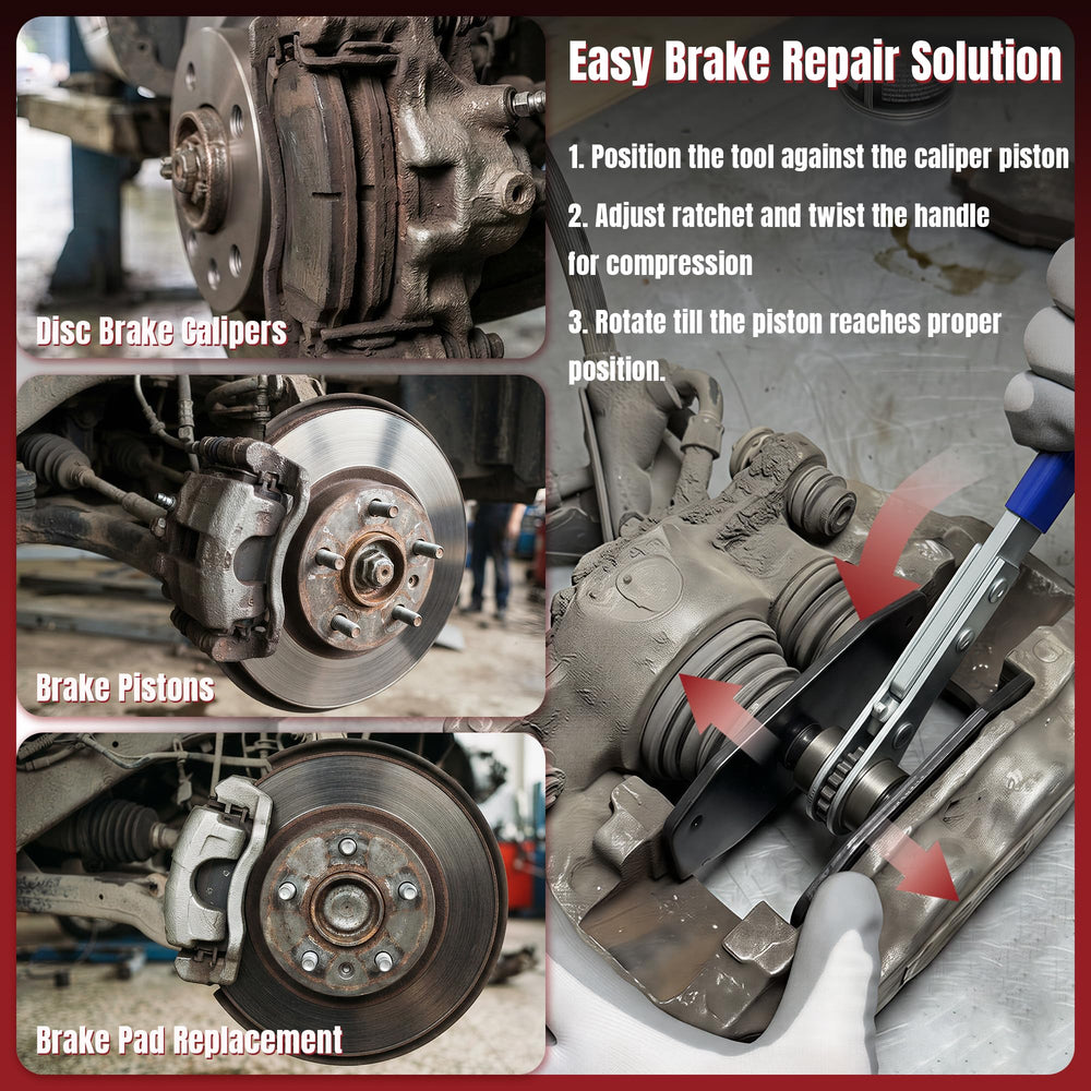 Thorstone tool in use on caliper demonstrating controlled piston push during brake service