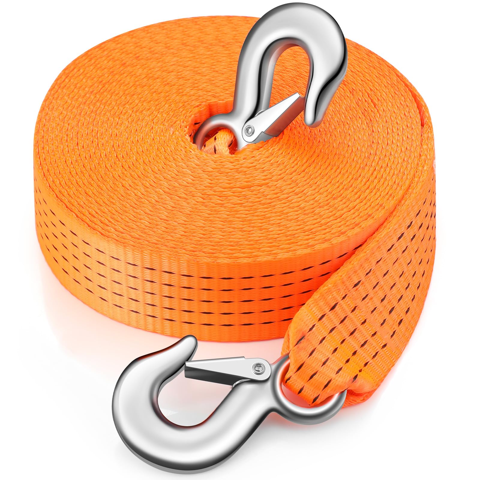 Threlaco front view of orange 2x40' tow strap showing color and hooks for quick retrieval