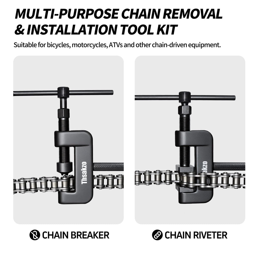 Thsakzo assembled chain breaker pressed into a motorcycle chain for safe rivet removal