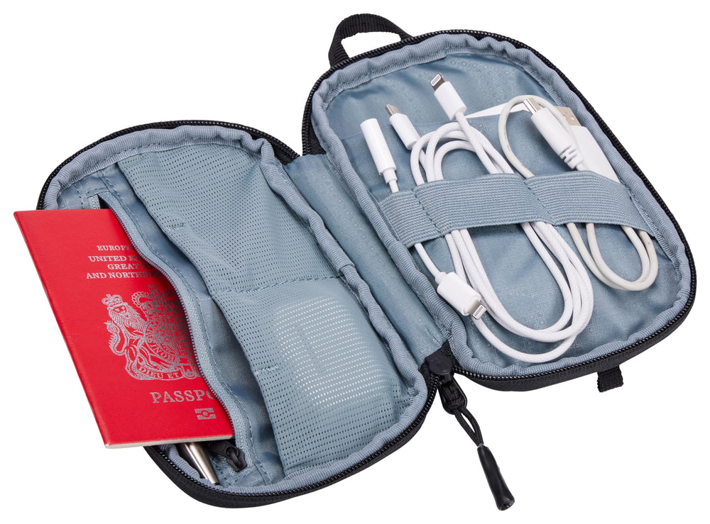 Thule in airline seat pocket illustrating accessible in-flight storage
