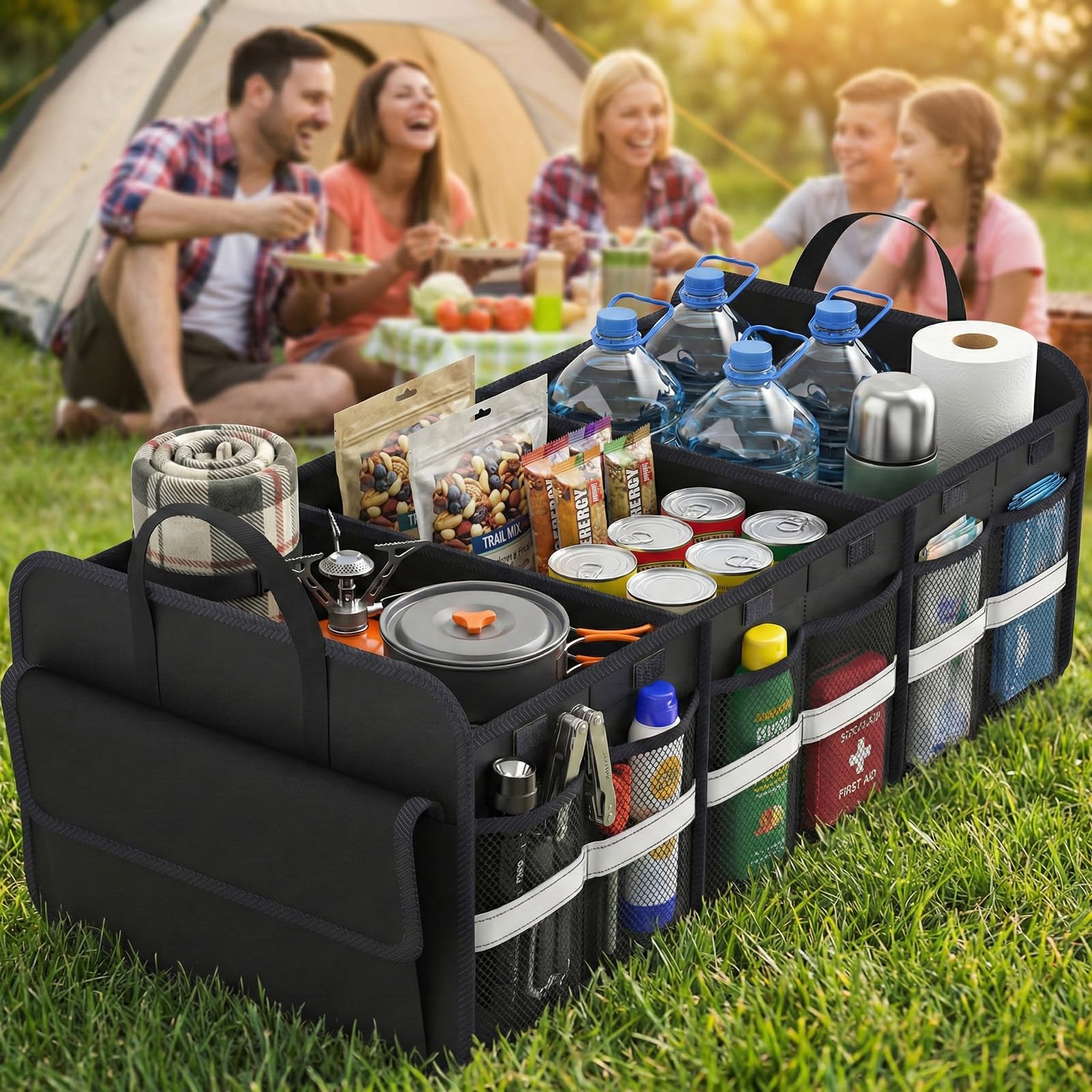 THXEVER placed in SUV trunk demonstrating secure organization and space saving