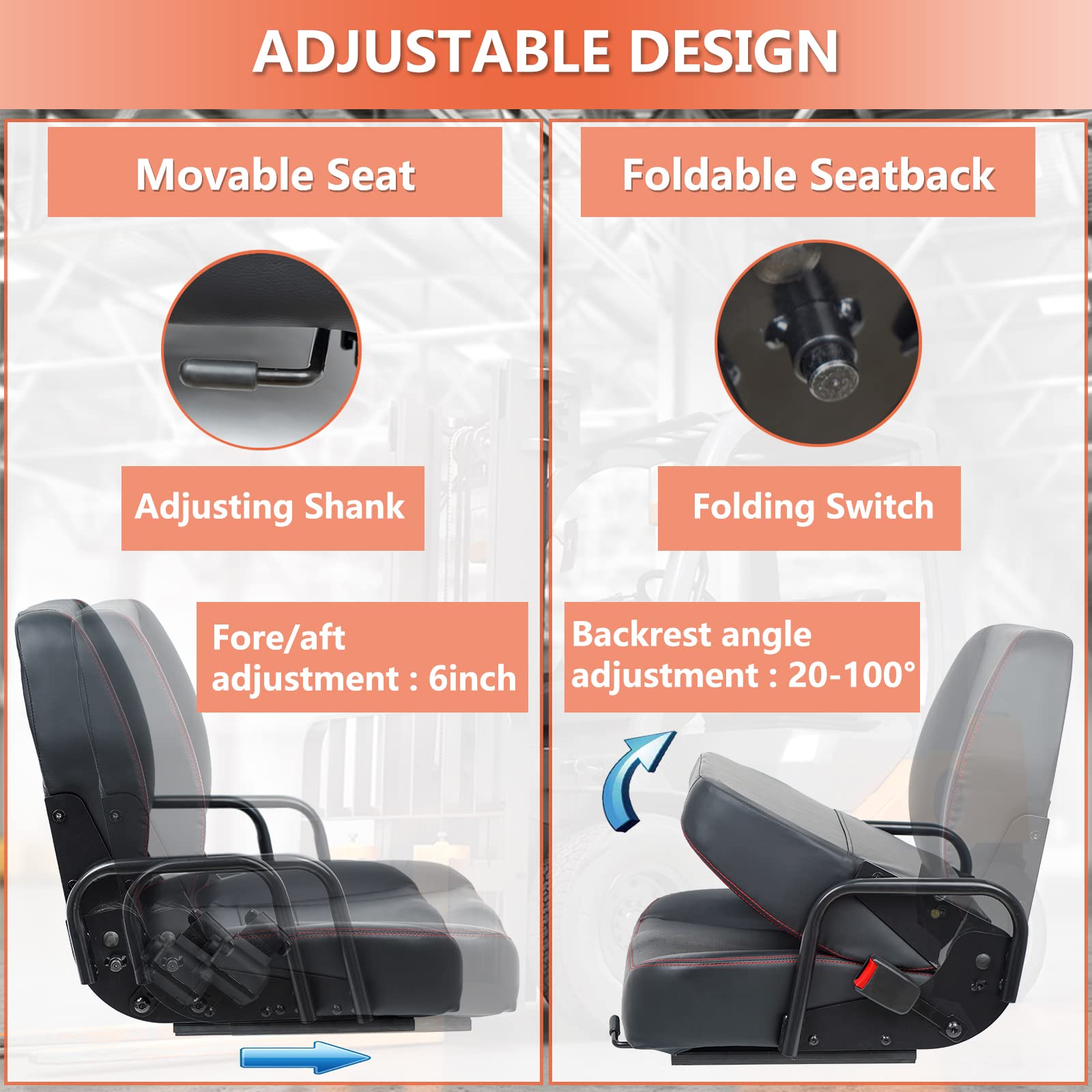 TICSEA close-up of adjustable backrest set to 120-degree for improved operator posture