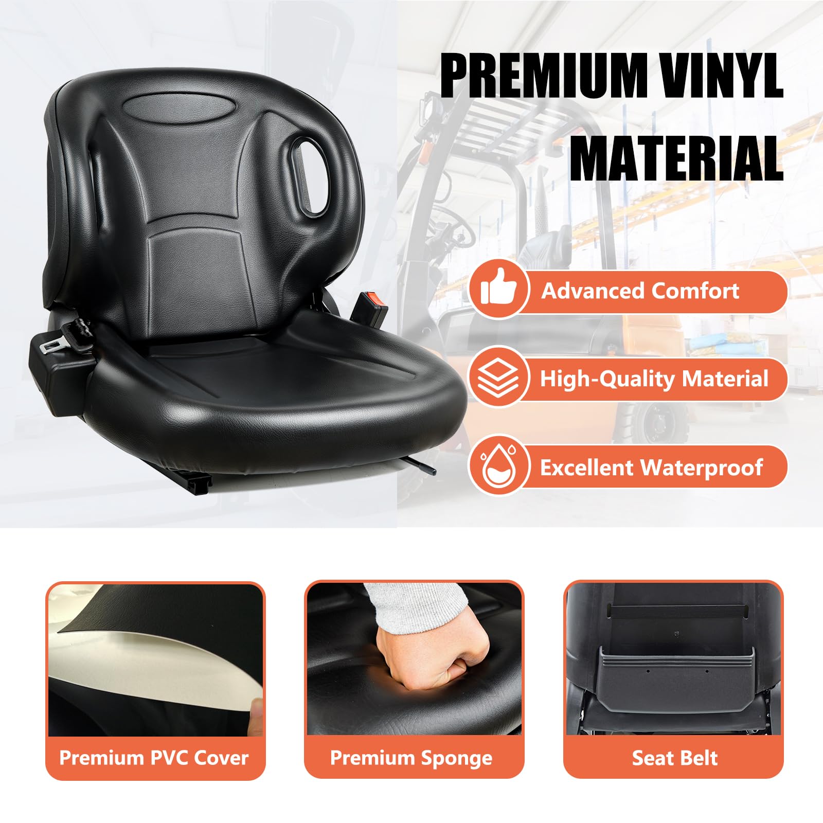 TICSEA seat installed on forklift demonstrating compatibility and secure fit