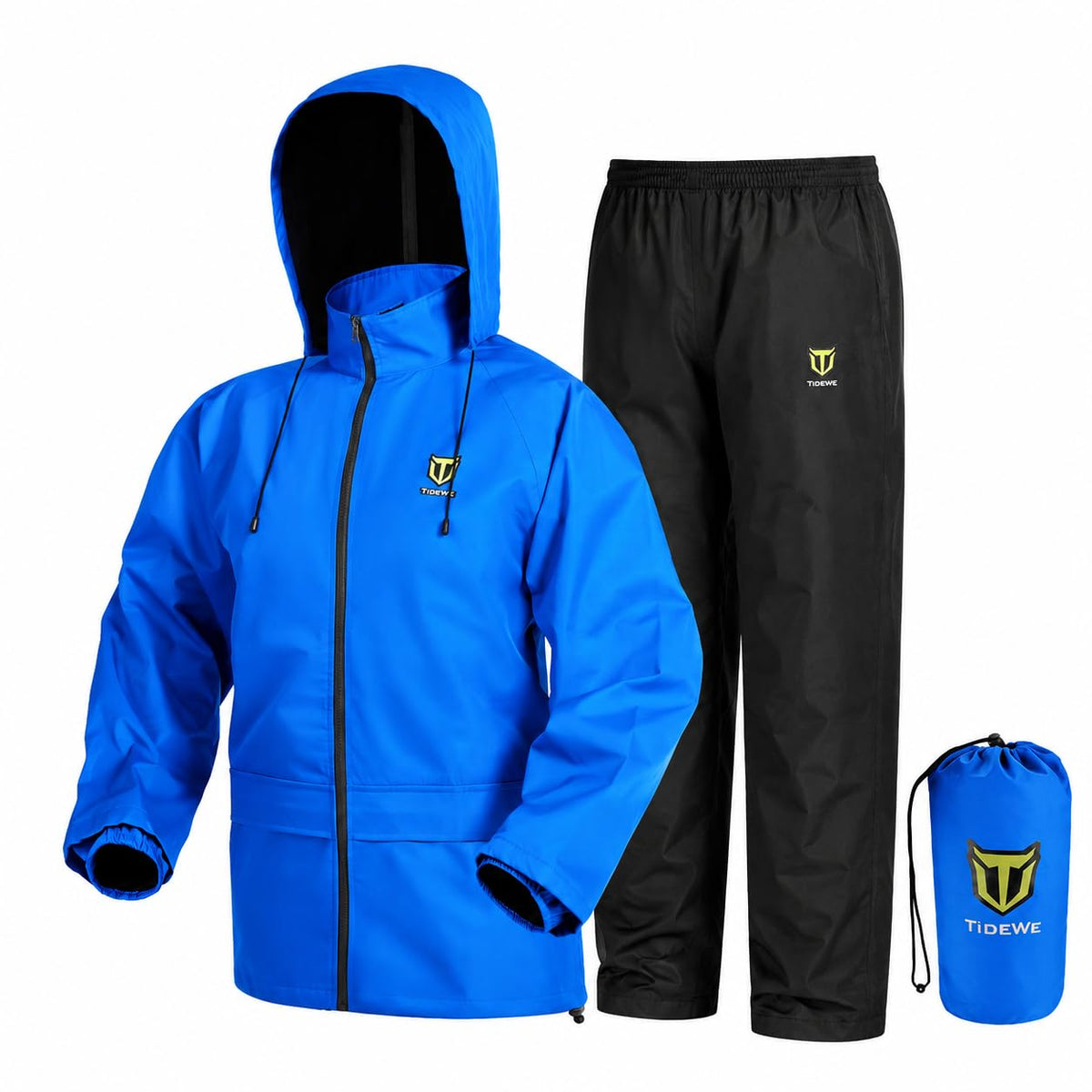 TIDEWE front view of blue rain jacket and pants showing full waterproof coverage