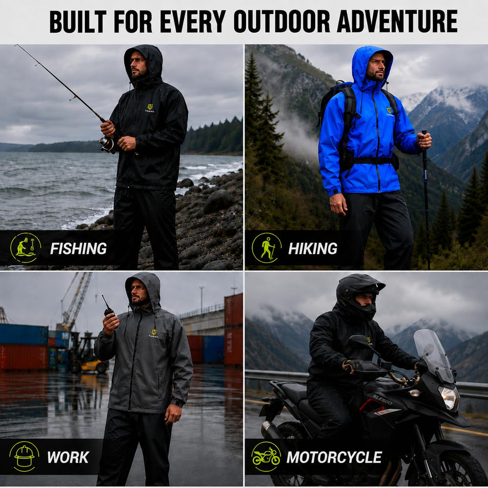 TIDEWE man wearing rain suit outdoors showing mobility and all-weather readiness