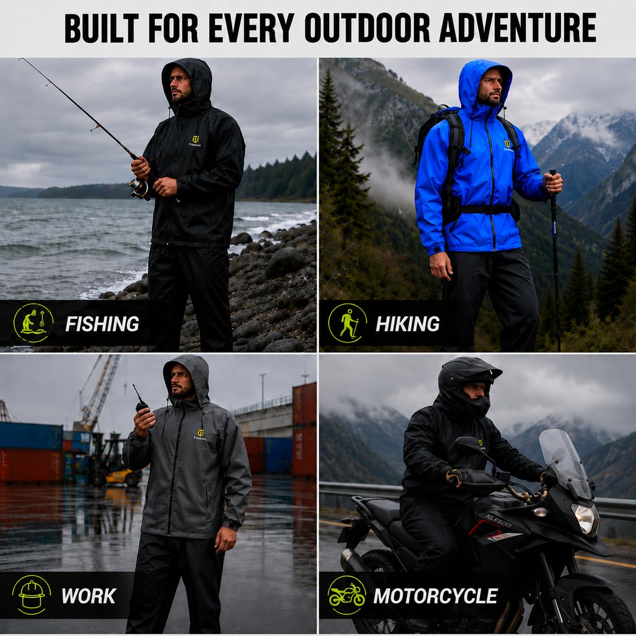 TIDEWE model wearing suit outdoors demonstrating mobility and coverage