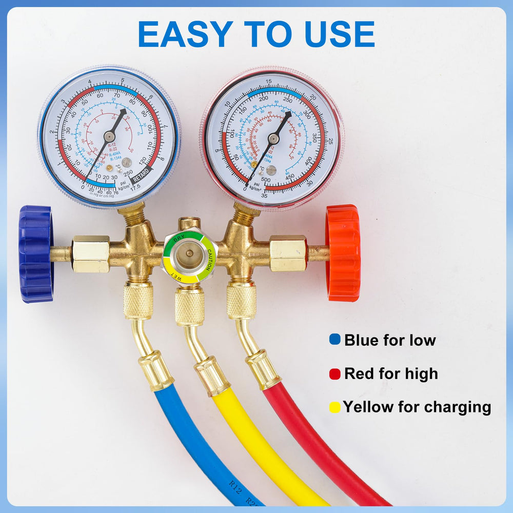 Tigbear hoses connected to manifold gauge showing correct setup for vacuum and charging accuracy