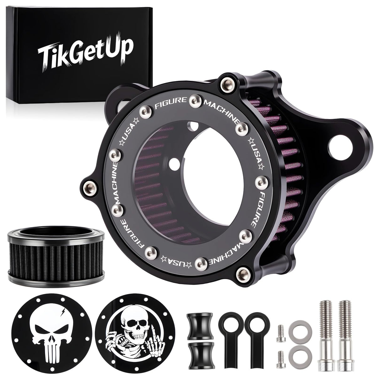 TIKGETUP front view showing complete air cleaner kit and styling benefits