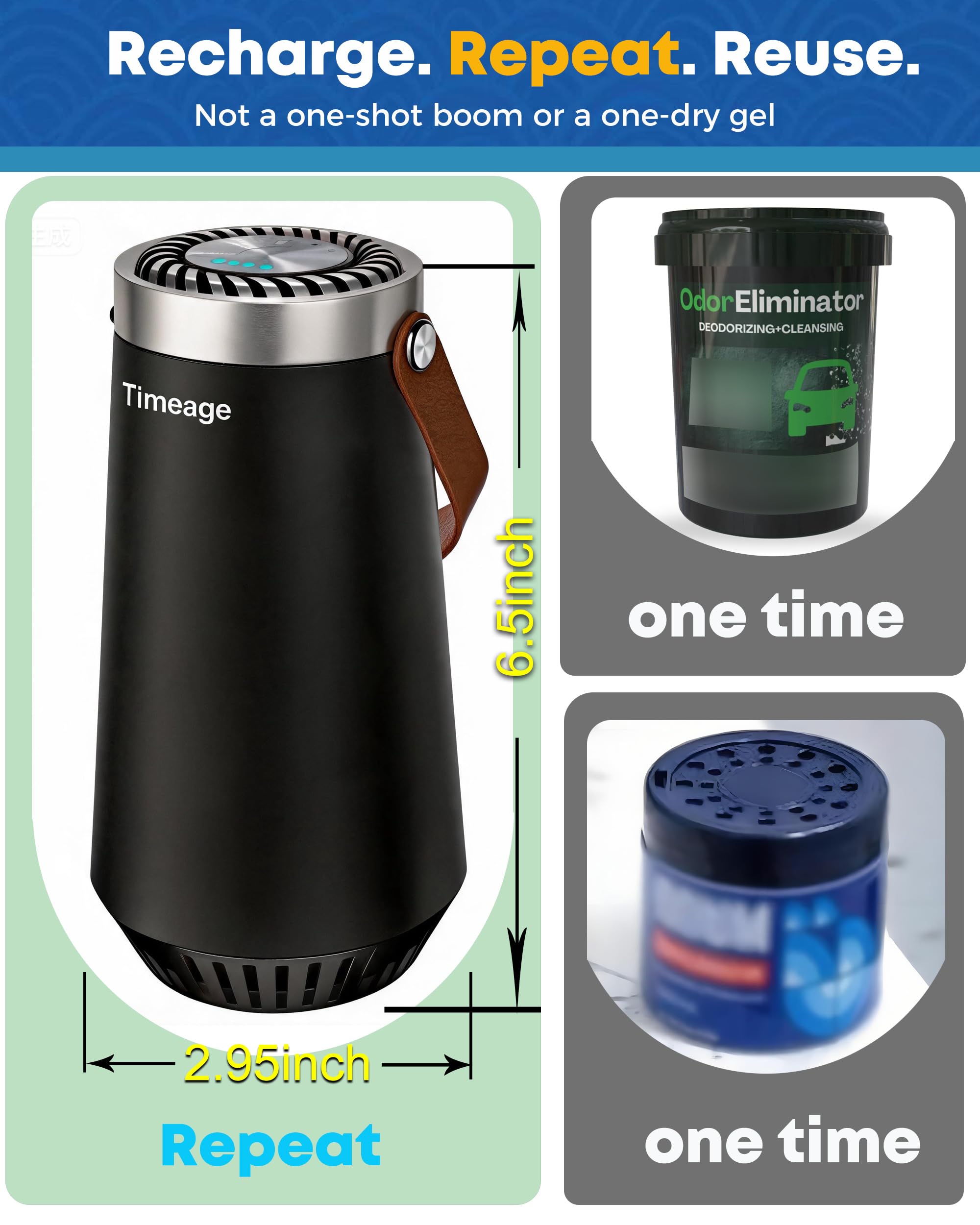 Timeage placed in car cup holder illustrating portable odor removal while traveling