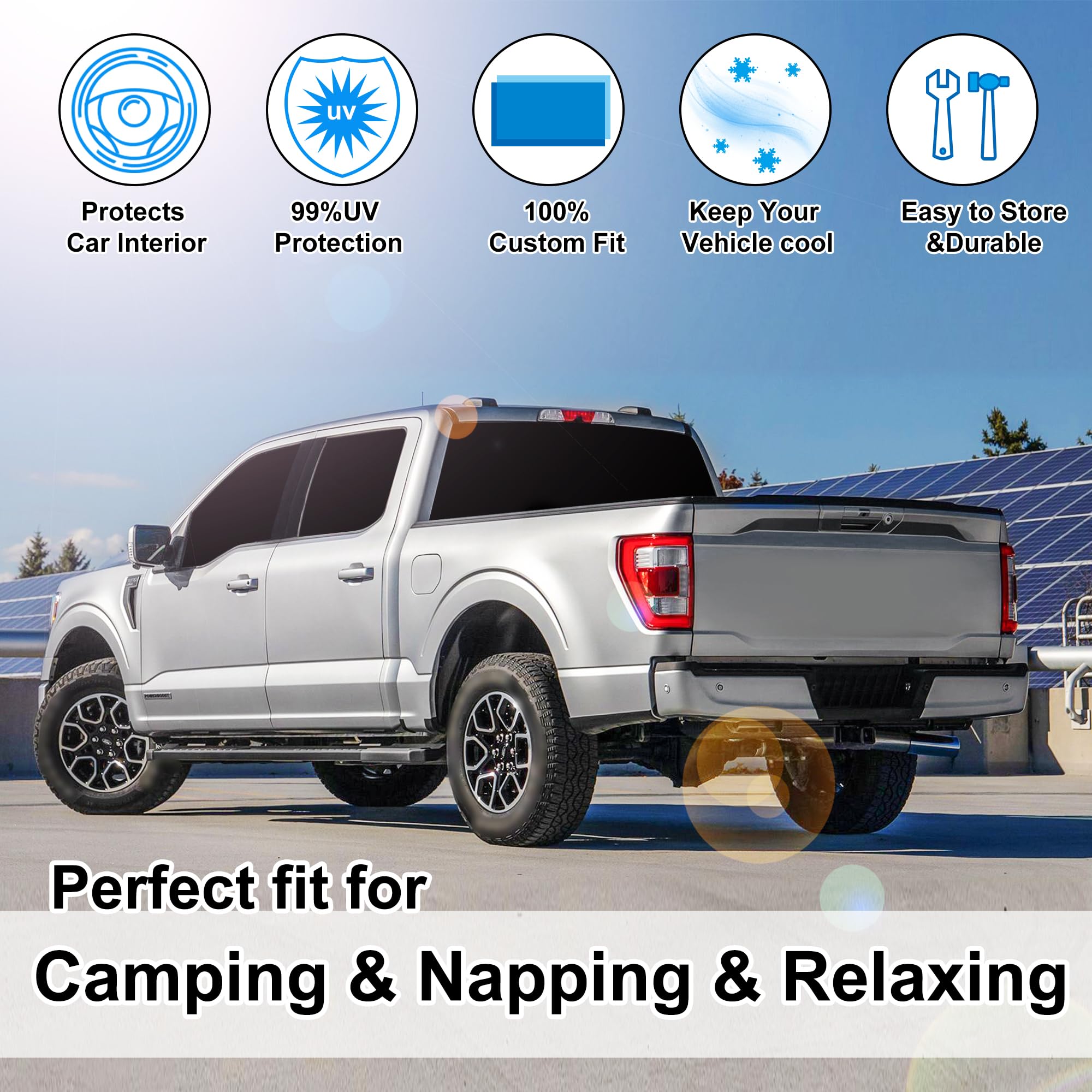 TINGLU lifestyle scene inside parked F150 for camping and restful privacy benefit