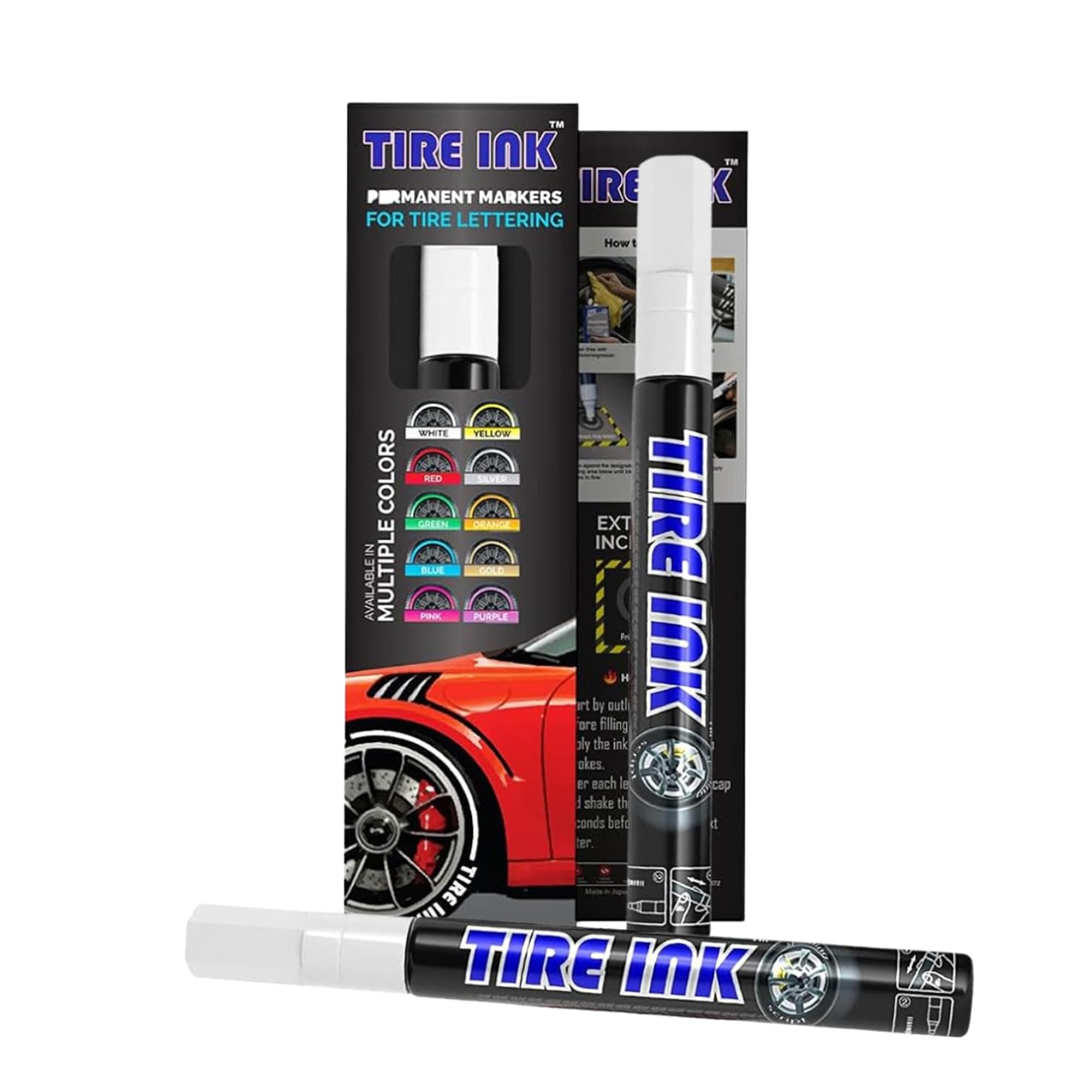 Tire Ink front packaging showing white paint pen and benefits