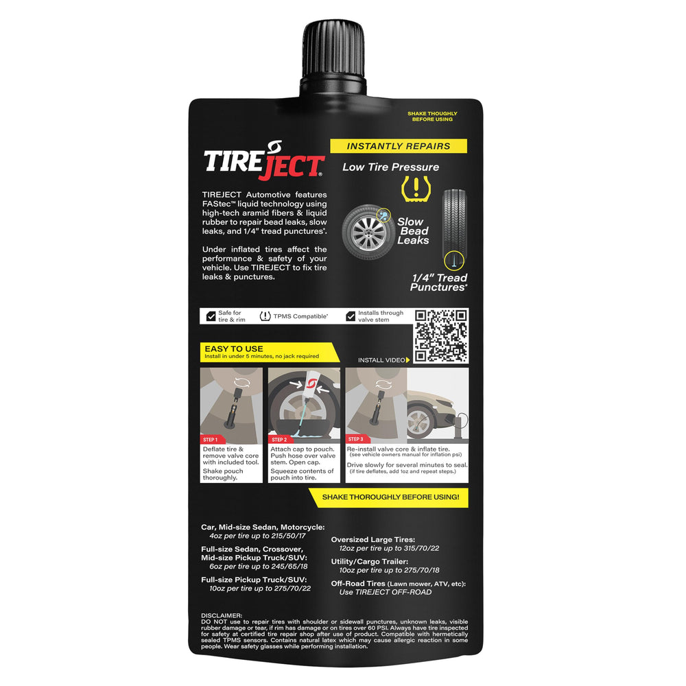 TireJect 8oz sealant pouch label showing product size and usage benefits