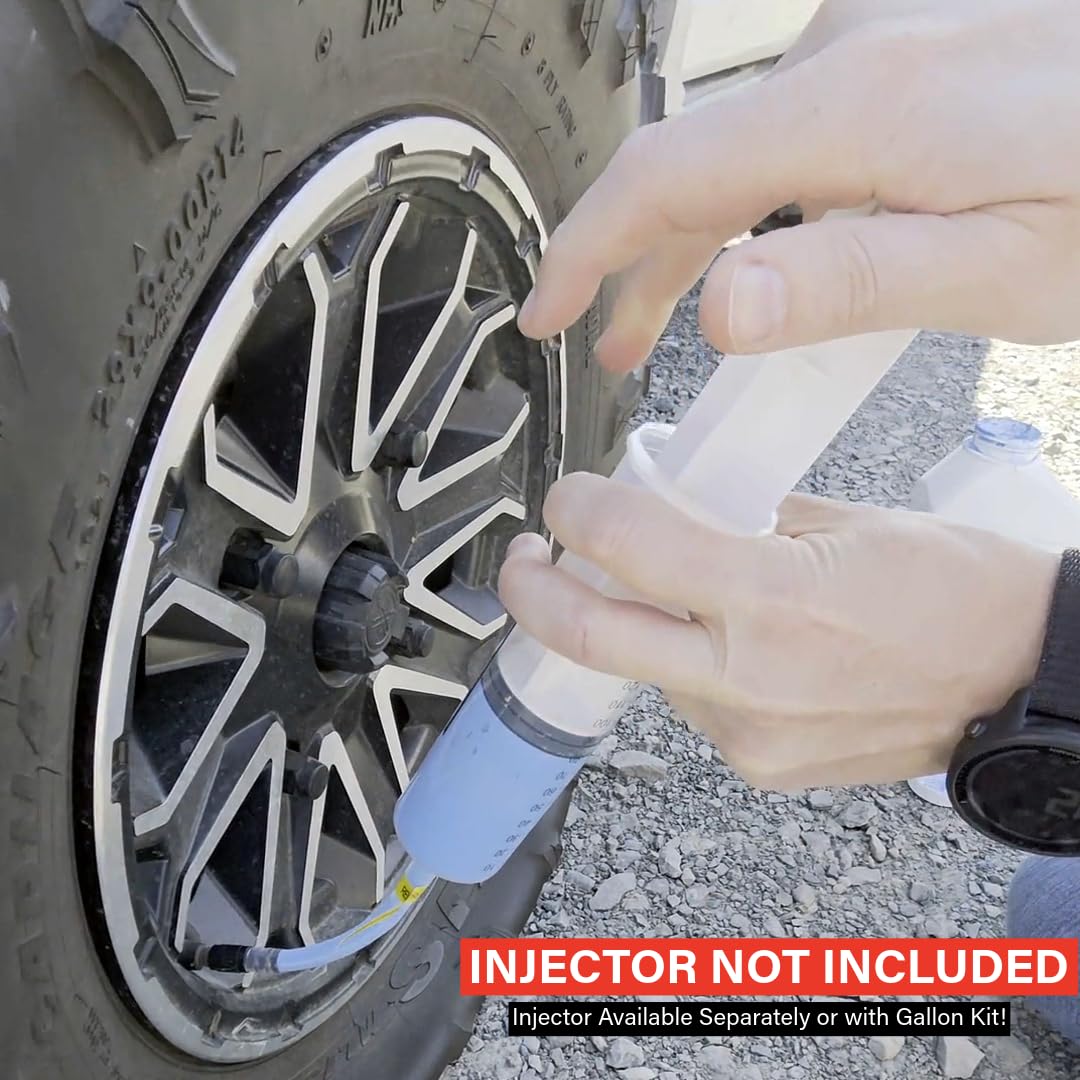 TireJect gallon next to a ruler showing scale and volume for multiple tires