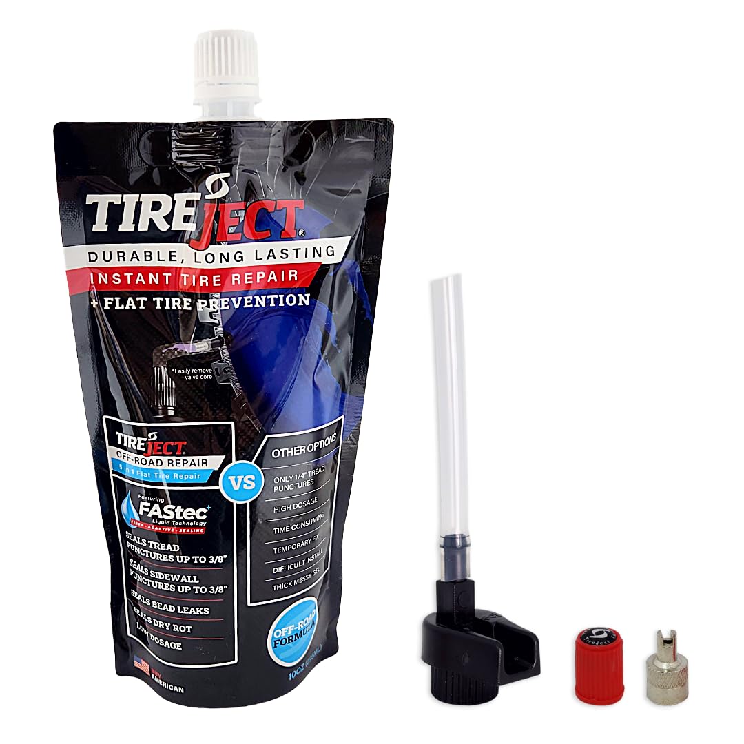 TireJect kit front packaging showing compact 10 oz bottle and tools for fast fixes