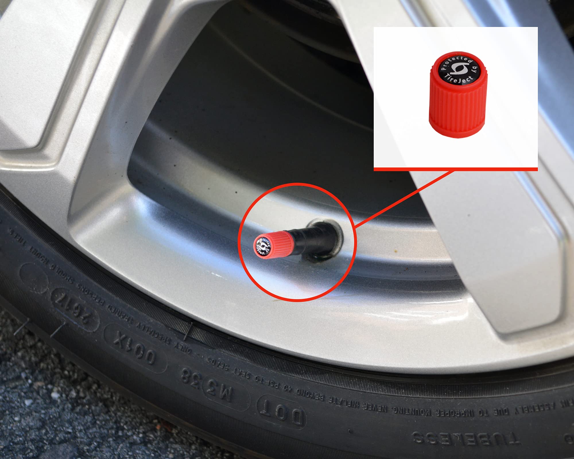 TireJect valve stem cap installed to protect valve and indicate treated tire