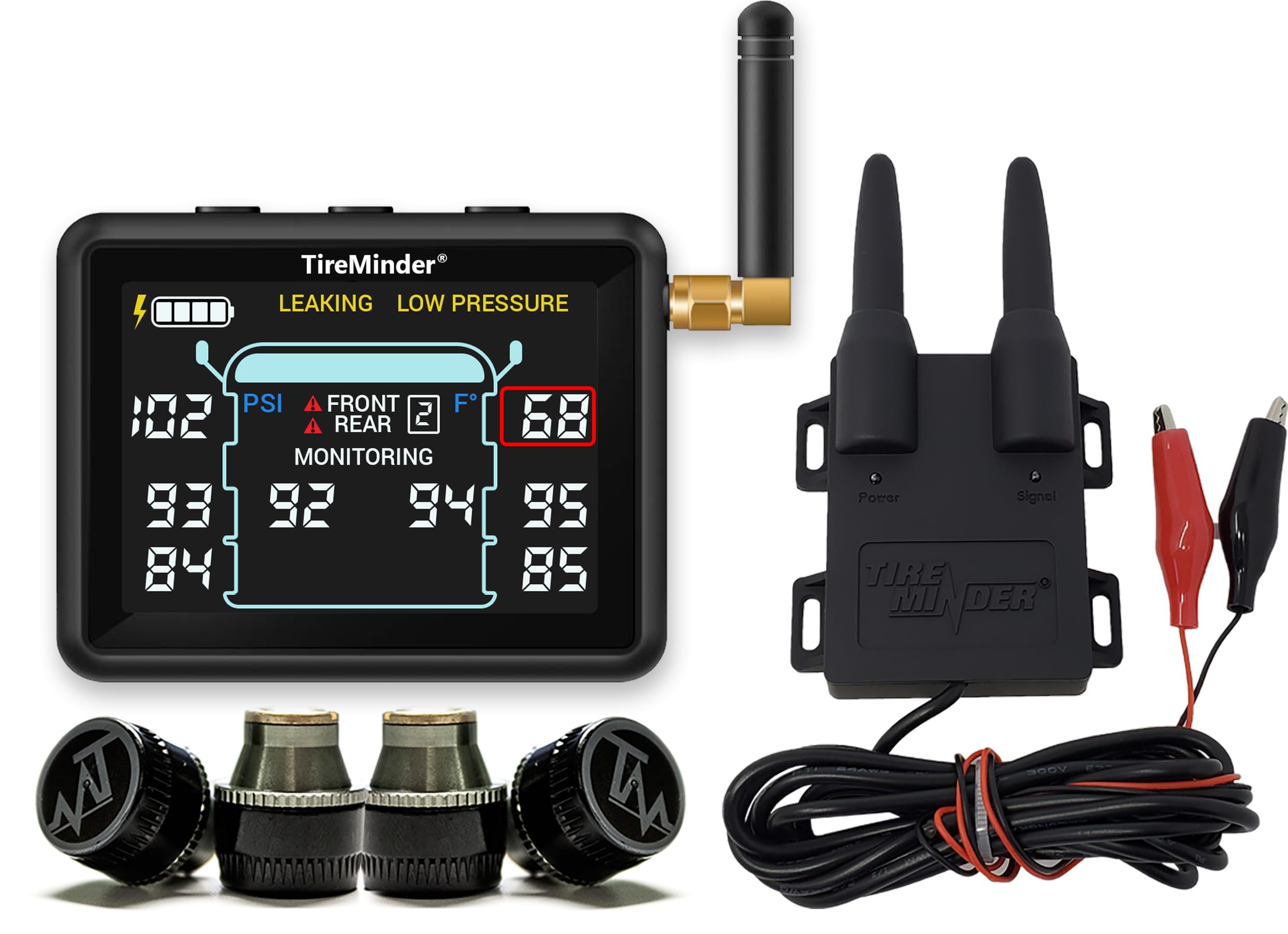 TireMinder i10 console front display showing PSI and temperature for quick safety checks