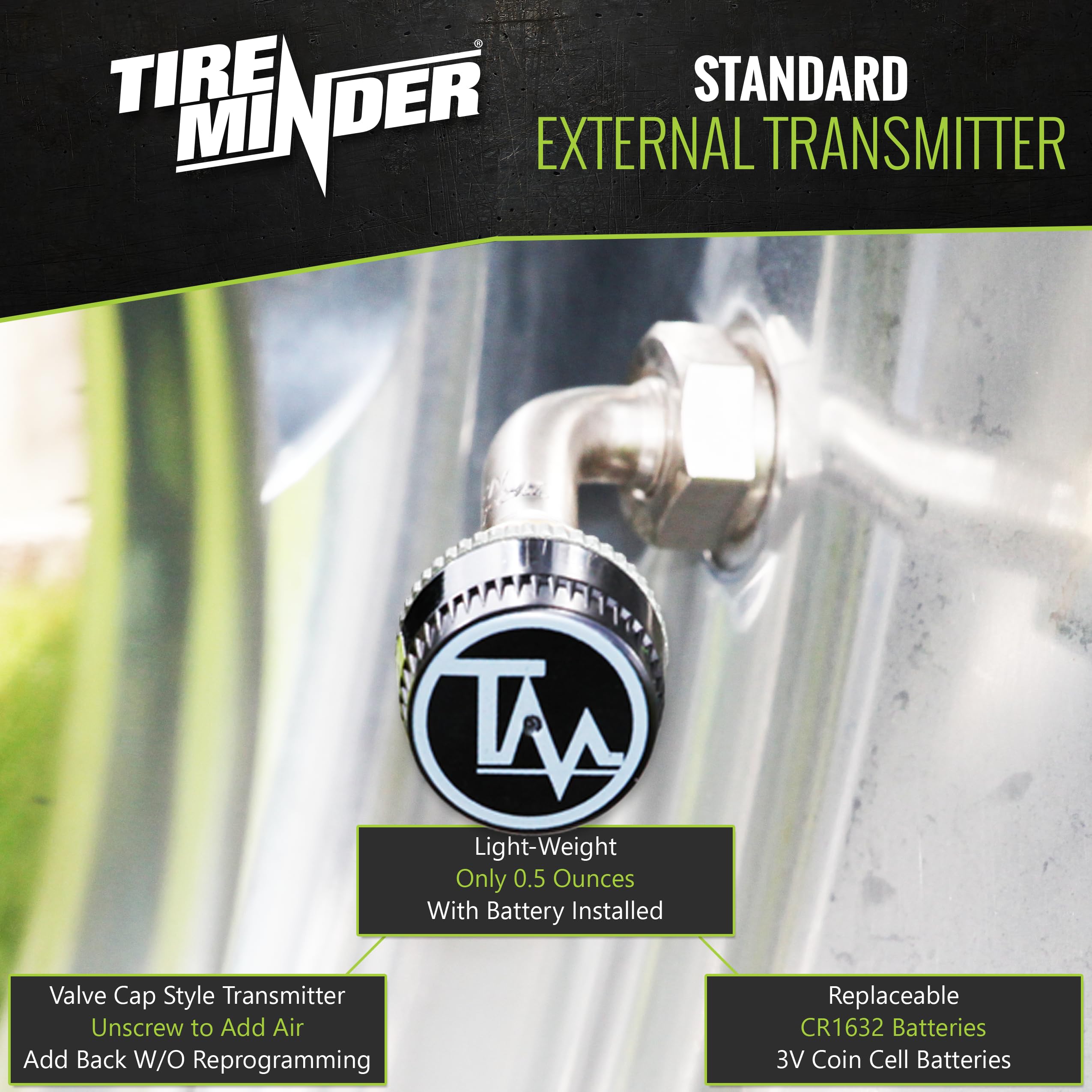TireMinder transmitters installed on RV wheel demonstrating real-time tire monitoring