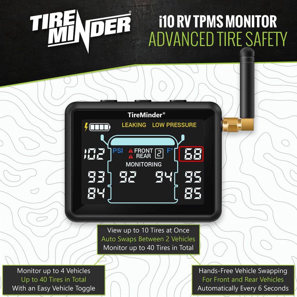 TireMinder transmitter close-up showing durable valve-stem mount and accurate readings