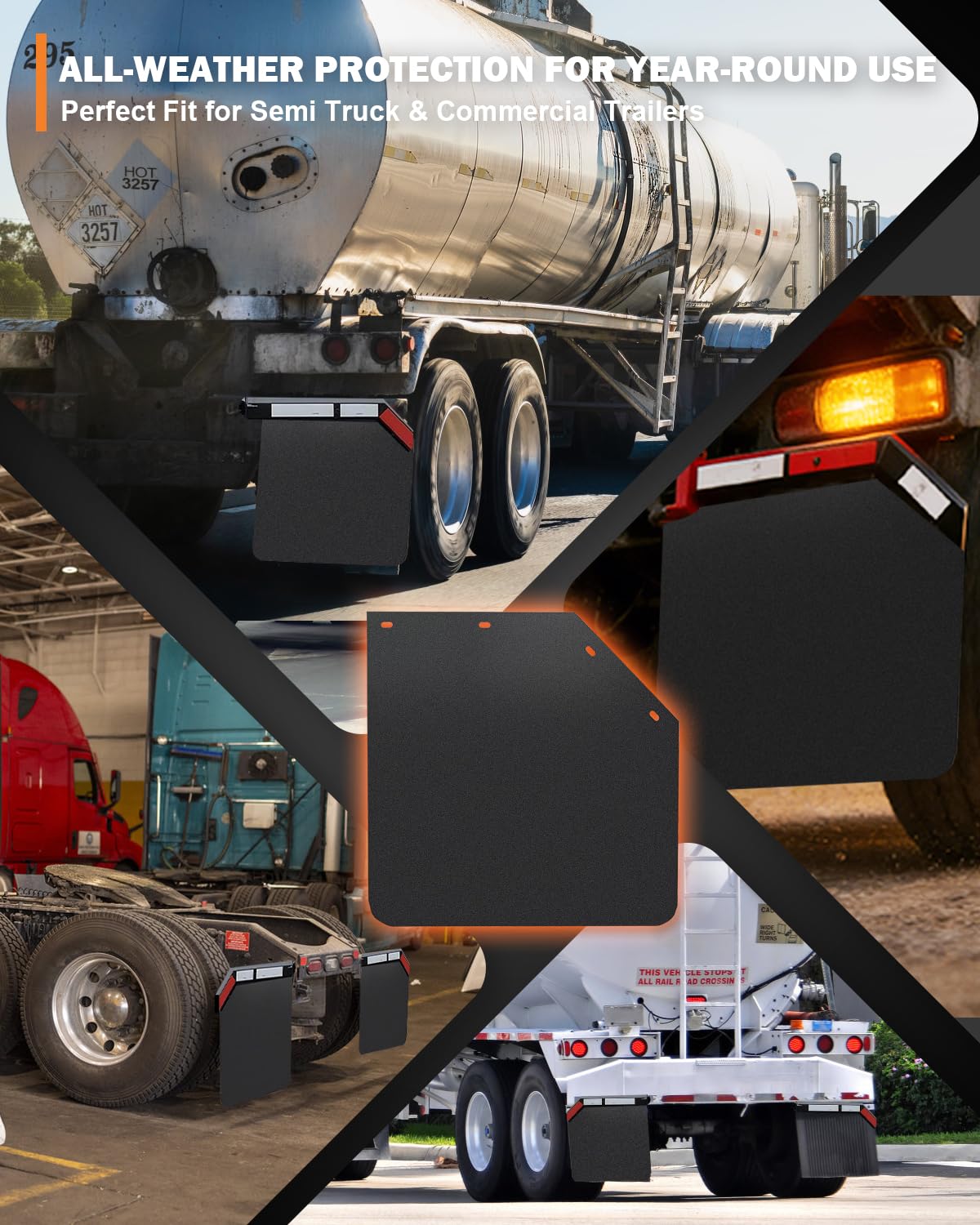TIROL mud flaps on truck driving in rain to reduce spray and protect chassis