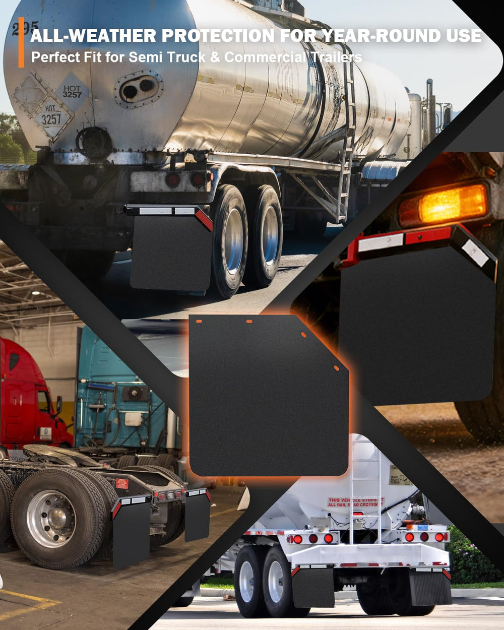 TIROL mud flaps on truck driving in rain to reduce spray and protect chassis