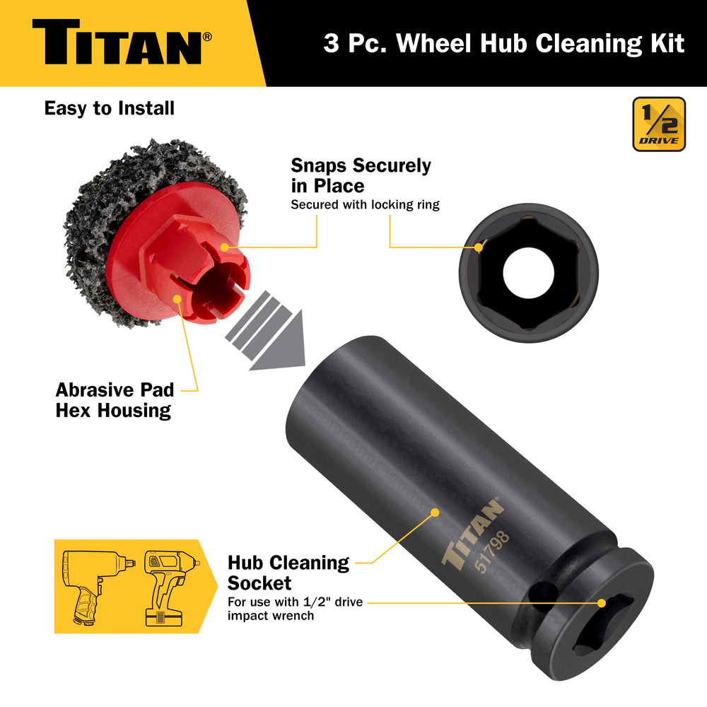 Titan cleaner mounted on 1/2 inch impact wrench for quick hub prep benefit