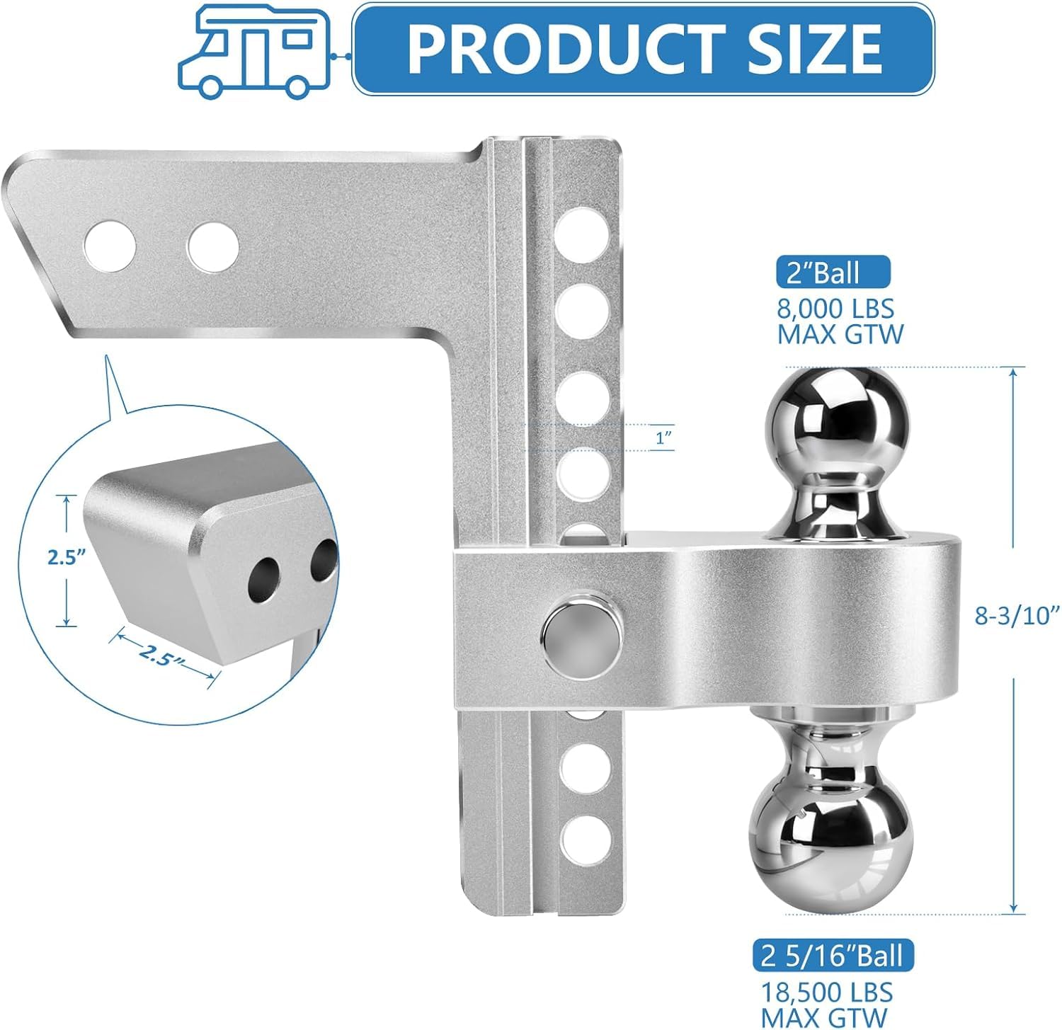 Tlvuvmo close-up of 2 and 2-5/16 inch balls highlighting secure coupling benefit