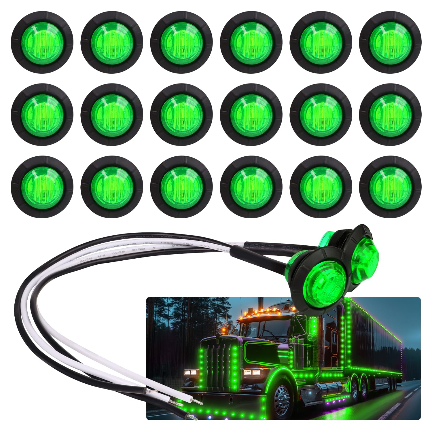 TMH front view of green round marker lights showing compact design and quick fit