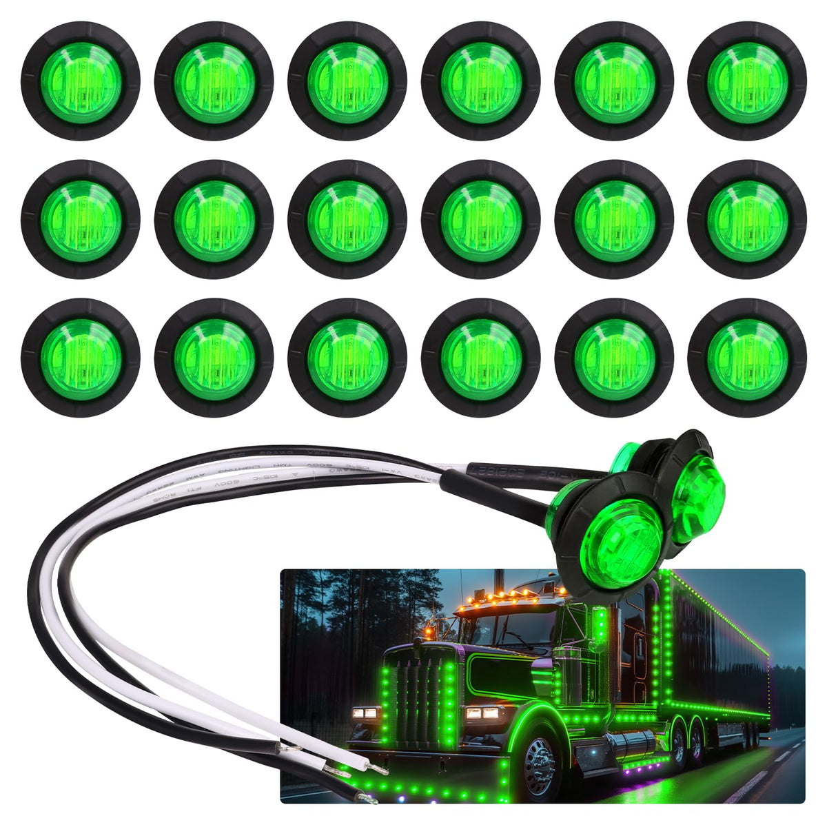 TMH front view of green round marker lights showing compact design and quick fit